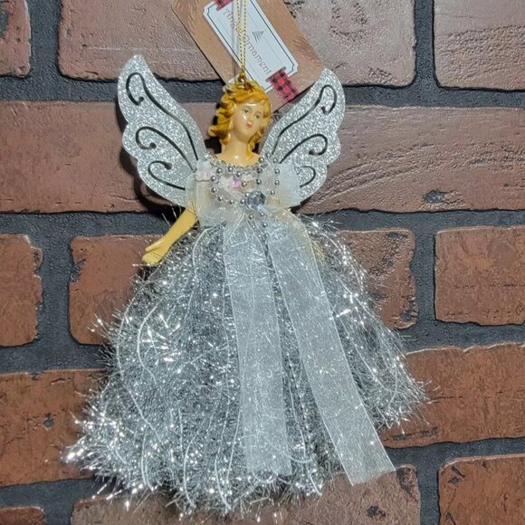 Angel Ornament ~ Holiday Decorations ~ Silver Tinsel, Beads, Jewel ~ 8 Inch - Picture 3 of 3
